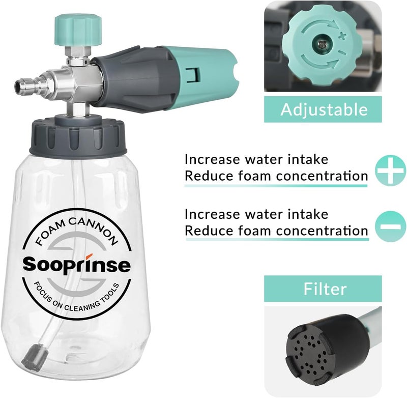 Sooprinse Short Pressure Washer Gun with Foam Cannon, High Pressure Washer Gun Snow Foam Lance with 1/4 Inch Quick Connector, 5 Nozzle Tips with Car Wash Mitt, 3000 PSI, 1 Liter - Image 3